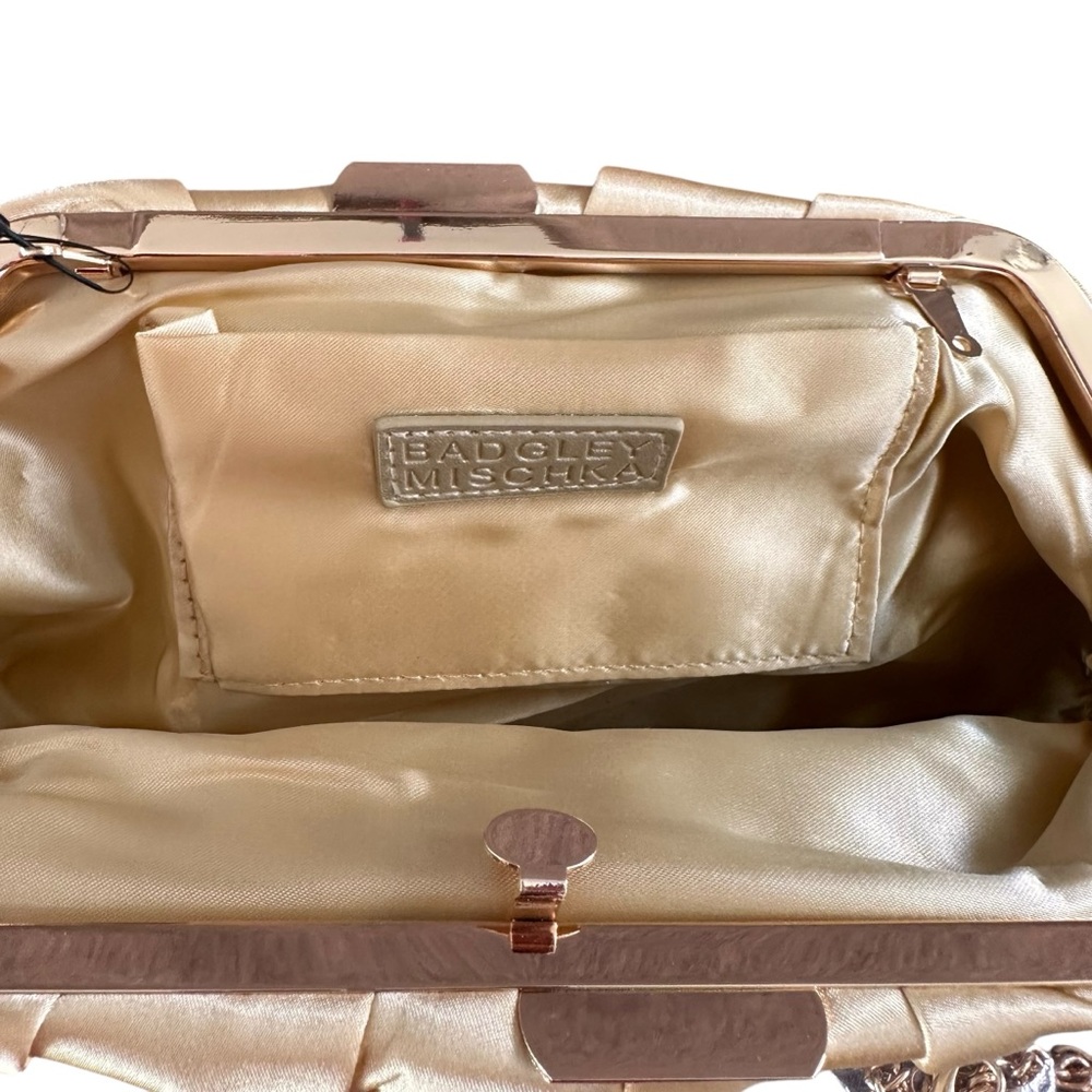 New Badgley Mischka Gold Satin Clutch w/ Pearl Flowers NWT Retail $179 - Picture 9 of 12
